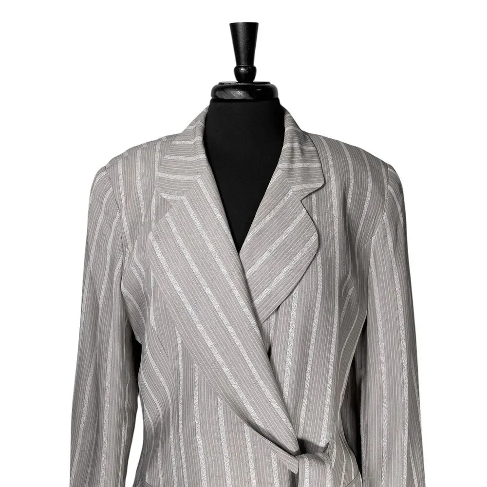 Vintage Christian Dior Womens 14 Gray Pinstripe Wrap Blazer Tie Waist Jacket USA